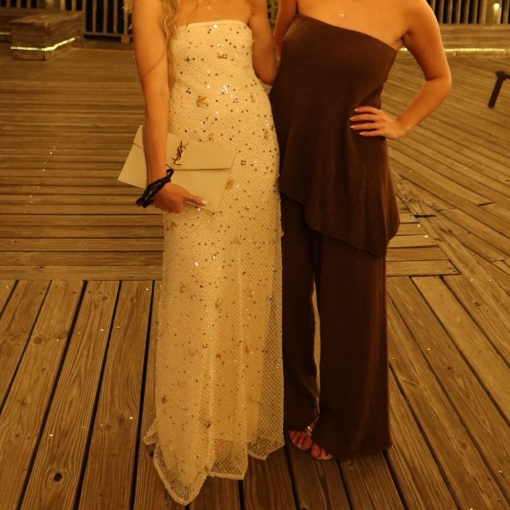 Peppermayo Strapless Sequin Maxi Dress in Cream with Silver Sparkle